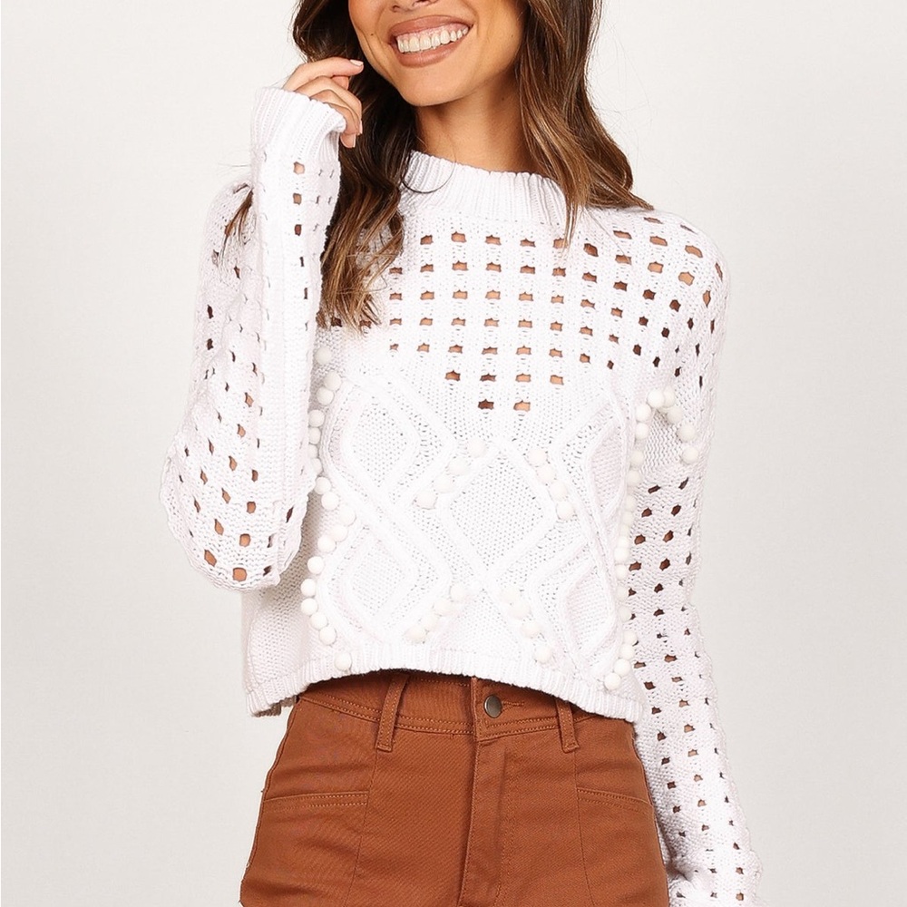 Temaire White Textured Pom-Pom Knit Sweater NWT Size XL